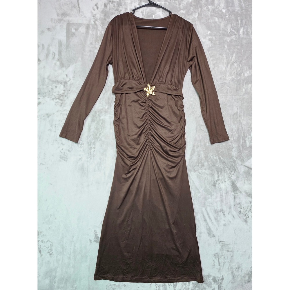 SHEIN Brown Long Sleeve Ruched Maxi Dress Gold Floral Brooch V-Neck